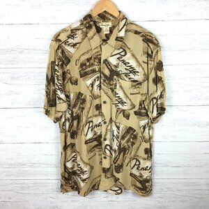 Panama Jack Men's Tan and Brown Print Shirt Hawaiian Style Button Front Large